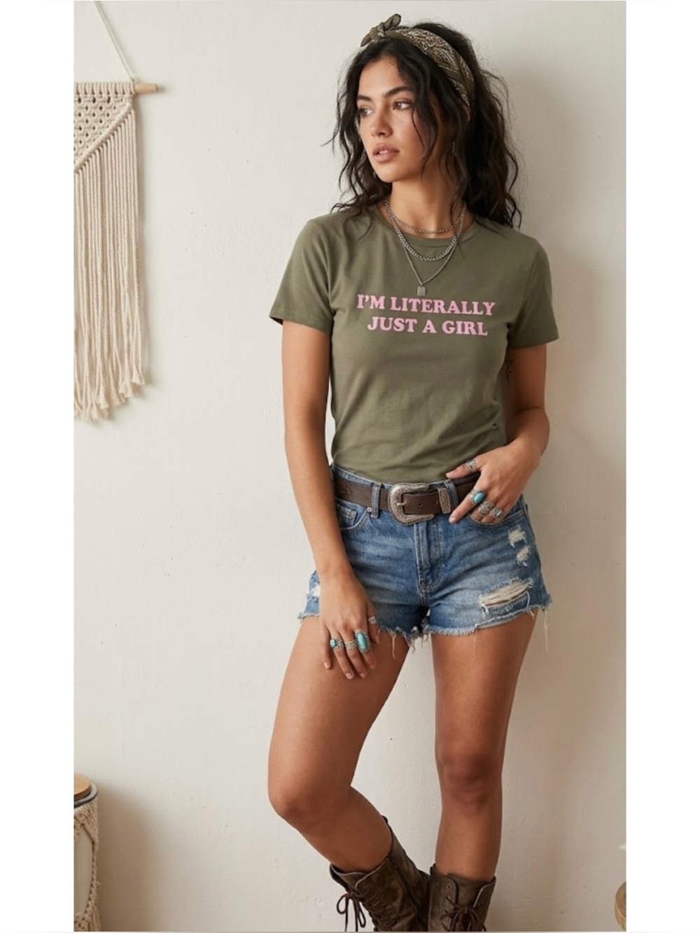 I’m Literally Just A Girl Short Sleeve Tee Olive Green & Pink